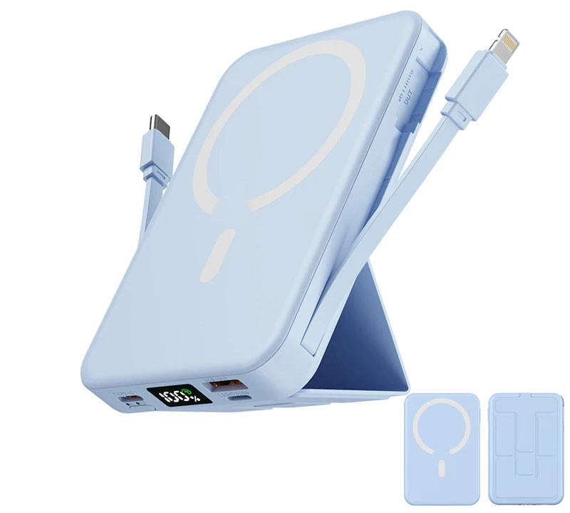 10000mAh Magnetic Wireless Power Bank with Built in Cables and Fast Charging Stand