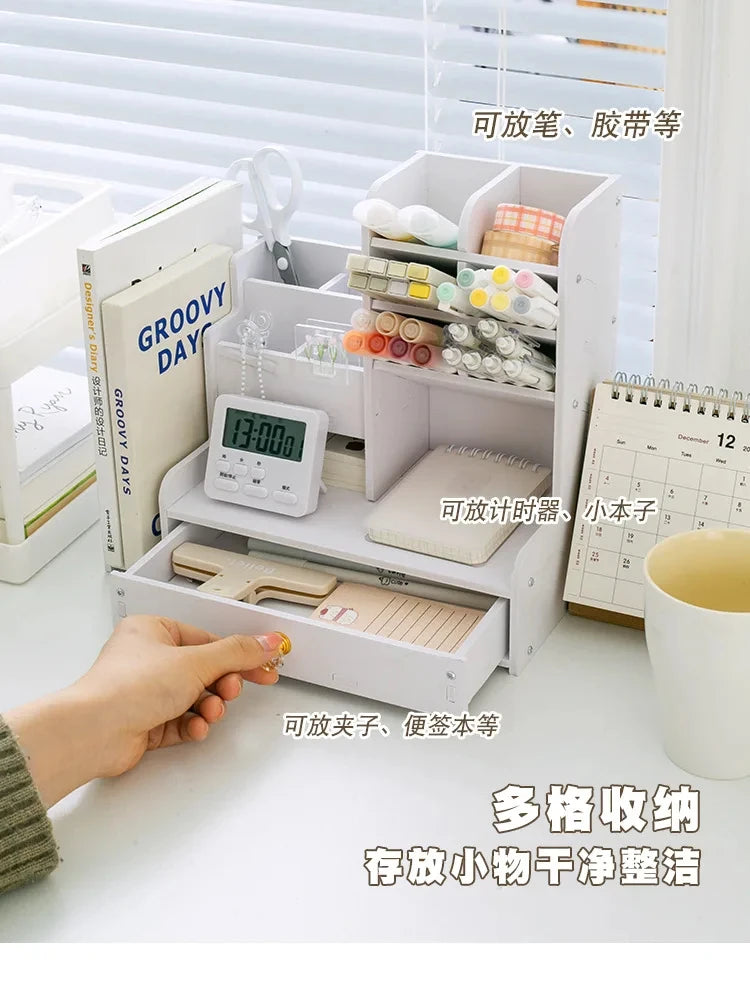 Wooden Desk Organizer with Pen & Book Storage