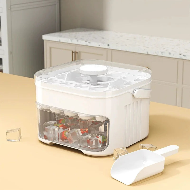Double Layer Ice Cube Tray Box with Lid and Bin Pull Out Ice Storage Drawer