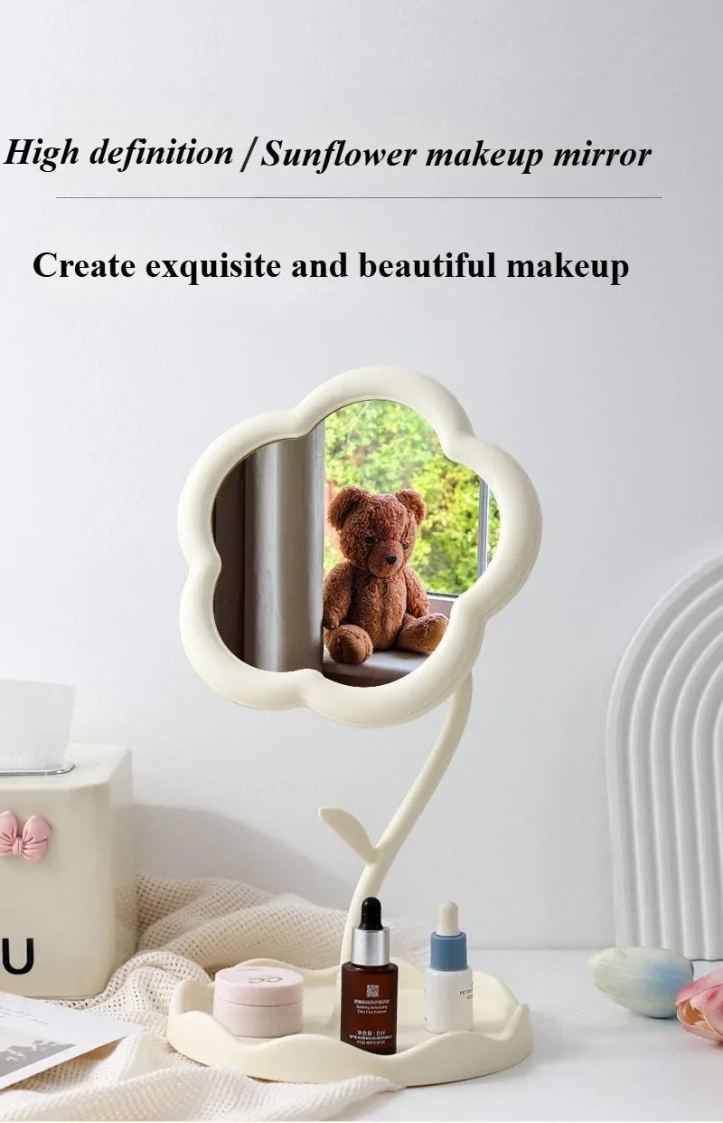 Sunflower Desktop Makeup Mirror for Students Flower Beauty Dressing Table Mirror with Hanging Jewelry Organizer for Girls