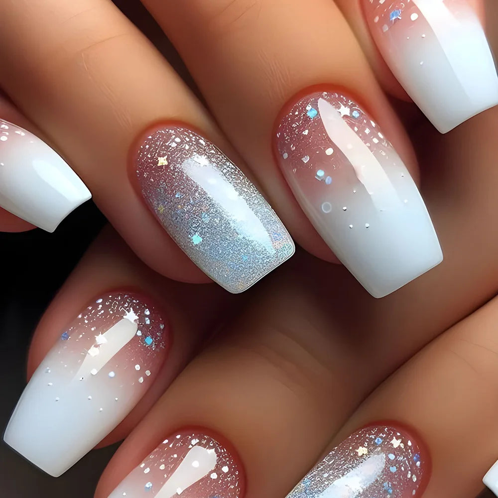 24pcs Simple French Press on Nails Tips Love Stripe Design Short Square False Nails Woman Acrylic Full Cover Nail Art Fake Nail