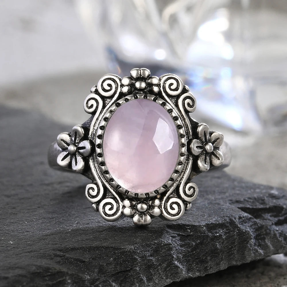 Vintage S925 Sterling Silver Ring Oval Round Natural Rose Quartz Ring Pink Stone Sun Shaped Retro Silver Fine Jewelry For Women