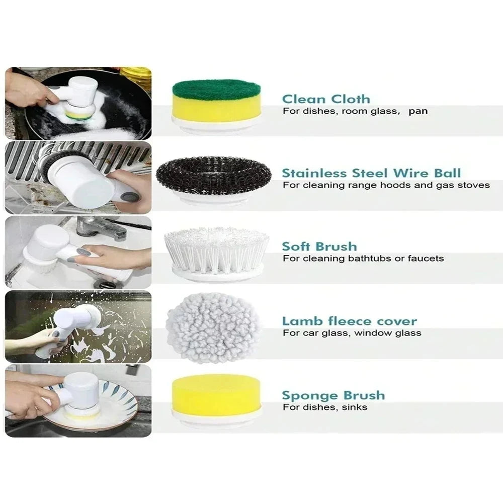 Cordless Electric Spin Scrubber – USB Rechargeable Waterproof Cleaning Brush with 5 Replaceable Heads