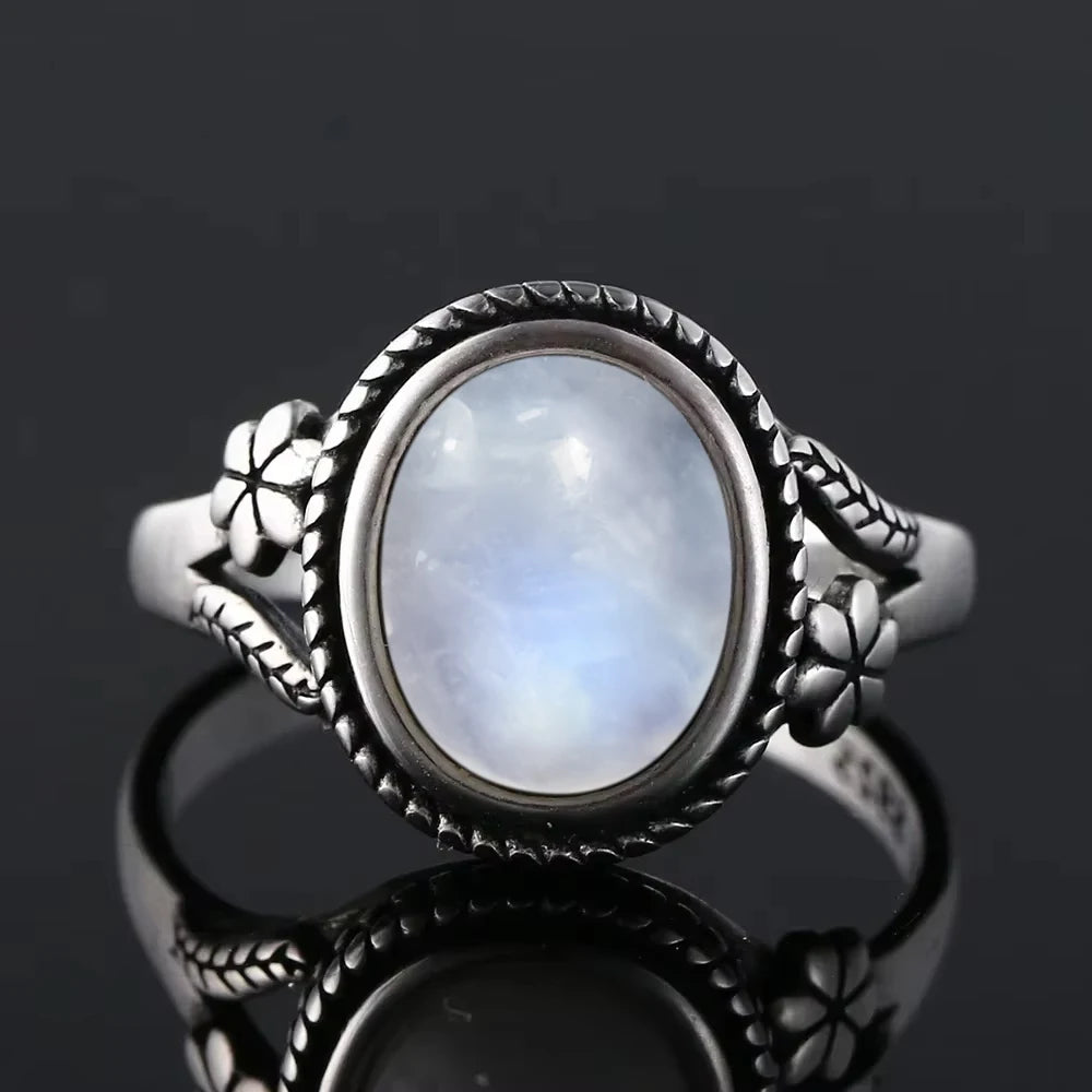 Vintage 925 Silver Ring Natural Moonstone Flower Ring 925 Hollow Eye Shape Round Sun And Moon Ring Fine Jewelry for Women Men