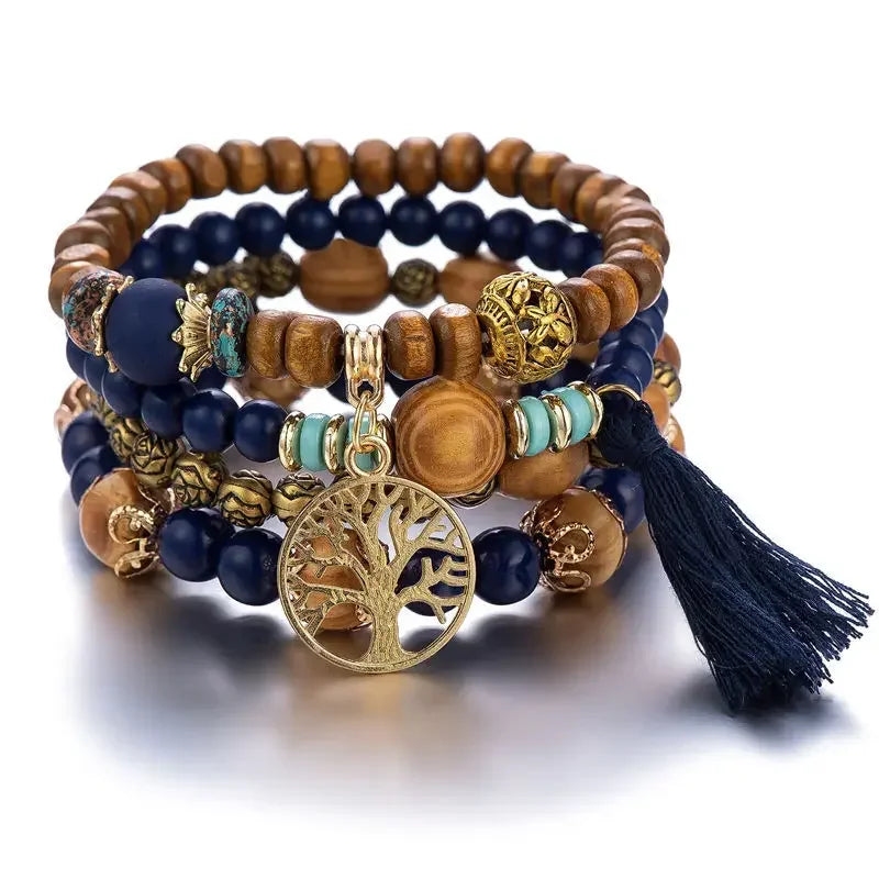 4Pcs/Set Boho Wooden Beaded Bracelet Set For Women Tree Of Life White Tassels Charm Elastic Chain Bangle Men Bohemia Jewelry
