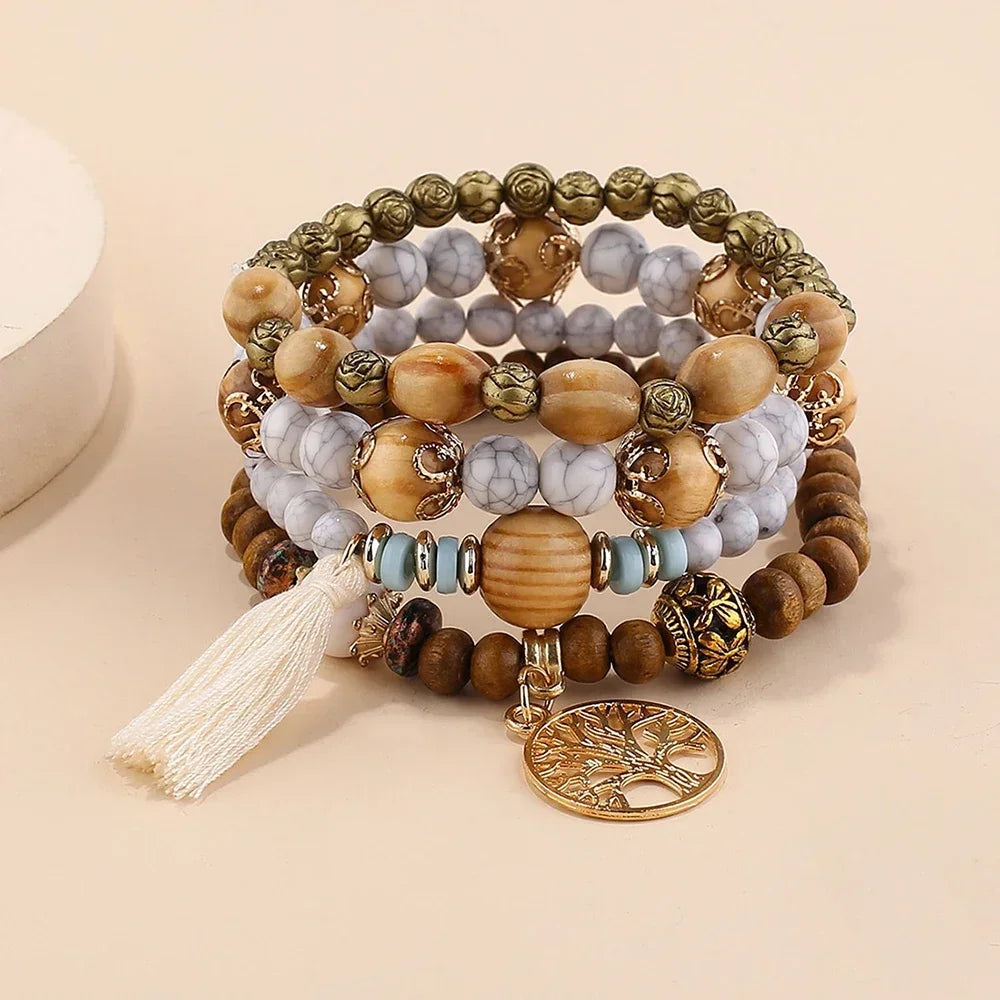 4Pcs/Set Boho Wooden Beaded Bracelet Set For Women Tree Of Life White Tassels Charm Elastic Chain Bangle Men Bohemia Jewelry