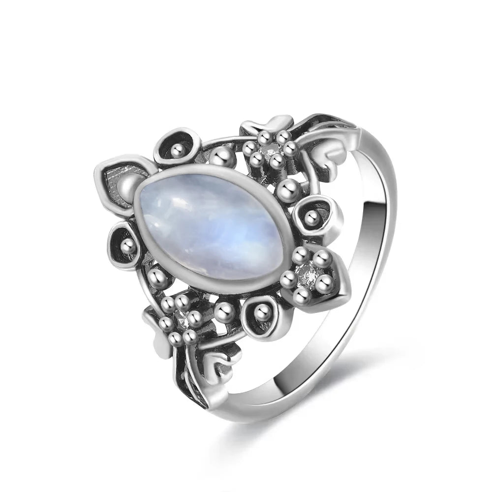 Vintage 925 Silver Ring Natural Moonstone Flower Ring 925 Hollow Eye Shape Round Sun And Moon Ring Fine Jewelry for Women Men