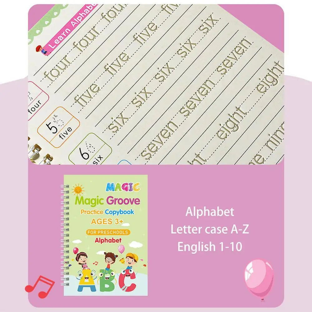 4-Pack Magic Grooved Handwriting Workbooks | Reusable Tracing Set with Pen Aid