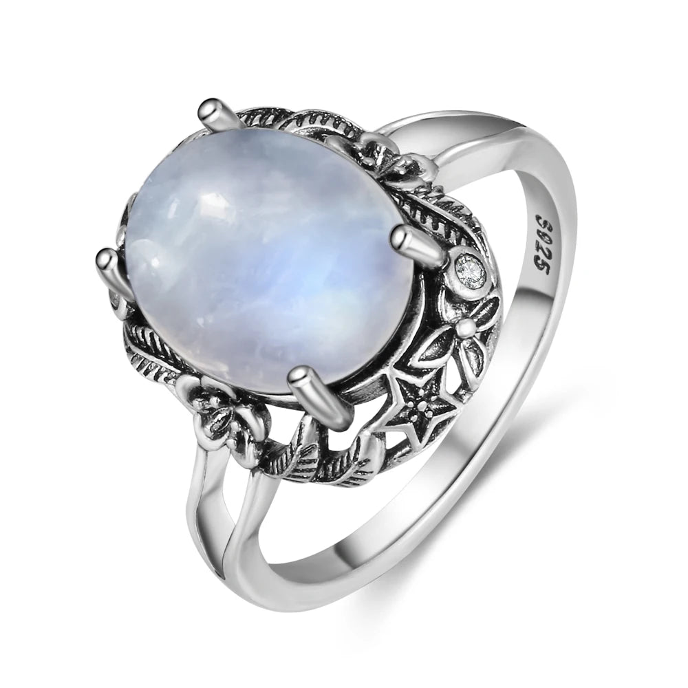 Vintage 925 Silver Ring Natural Moonstone Flower Ring 925 Hollow Eye Shape Round Sun And Moon Ring Fine Jewelry for Women Men