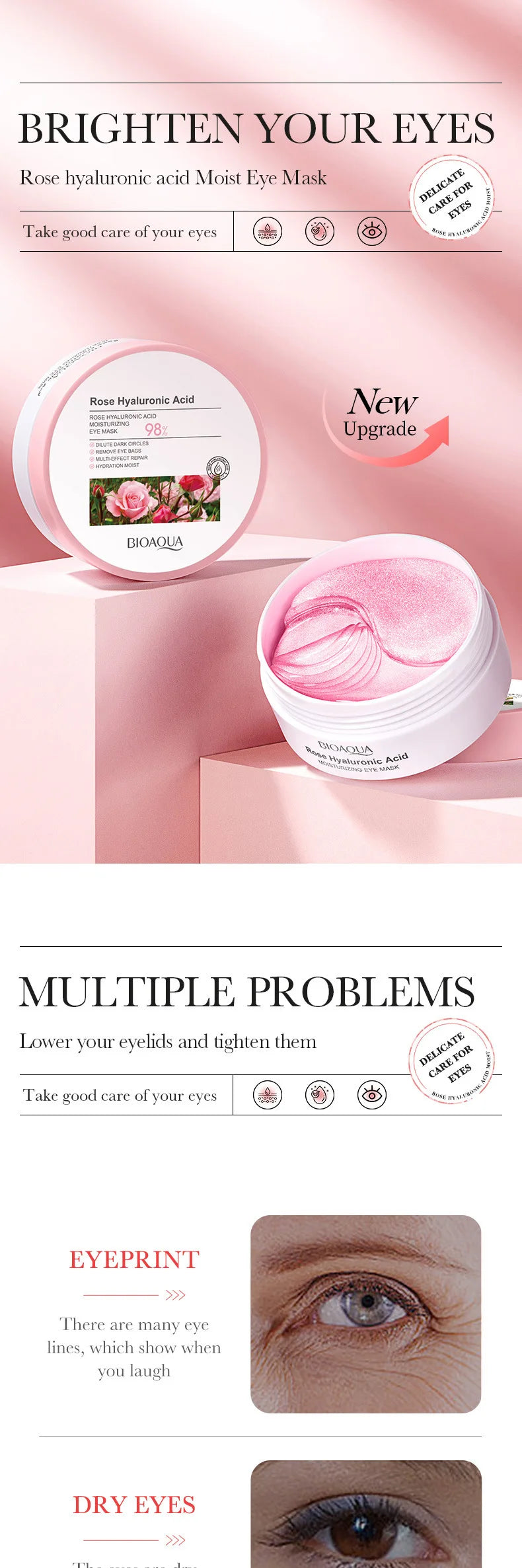 BIOAQUA Rose Hyaluronic Acid Travel Size Eye Mask Anti Wrinkle Dark Circles Eye Patches Moisturizing Firming Skin Care