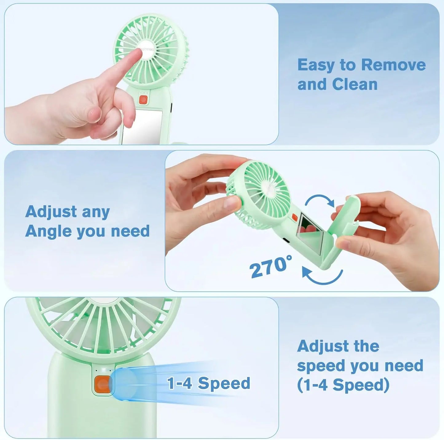 Portable Mini Handheld Fan with Mirror – USB Rechargeable 4-Speed Desk & Travel Fan