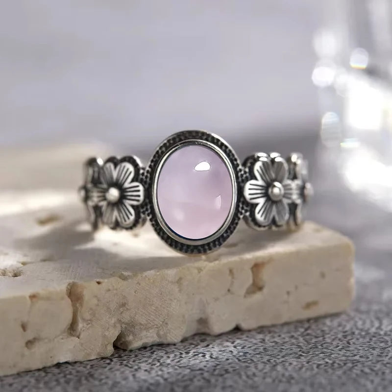 Vintage S925 Sterling Silver Ring Oval Round Natural Rose Quartz Ring Pink Stone Sun Shaped Retro Silver Fine Jewelry For Women