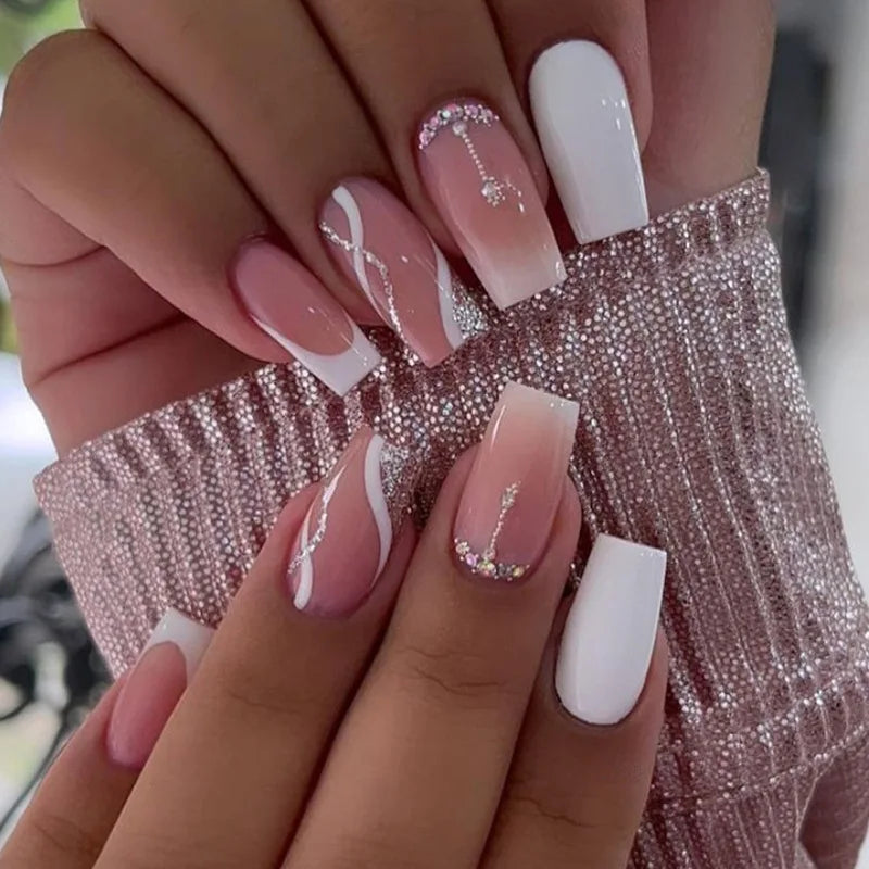 24pcs Simple French Press on Nails Tips Love Stripe Design Short Square False Nails Woman Acrylic Full Cover Nail Art Fake Nail