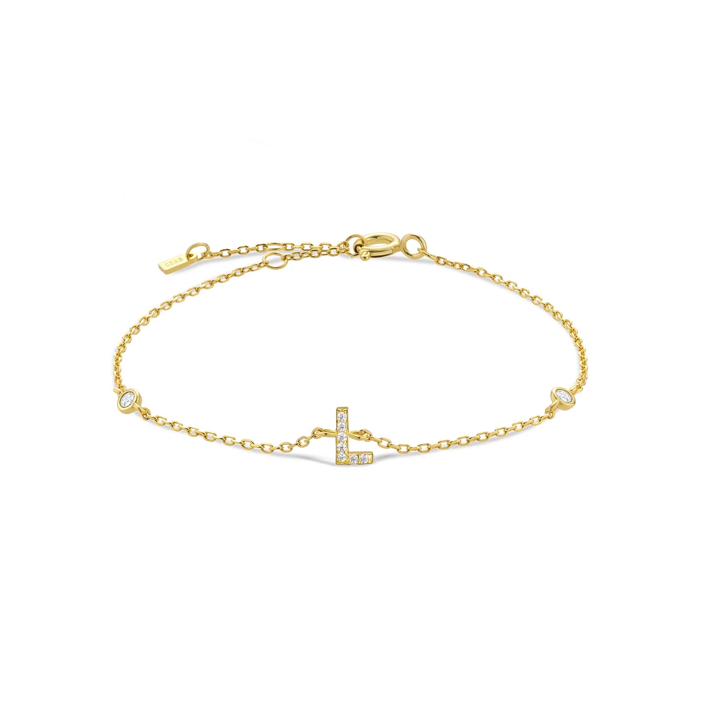 925 Sterling Silver Initial Letter Bracelet Gold CZ Zircon Alphabet Monogram