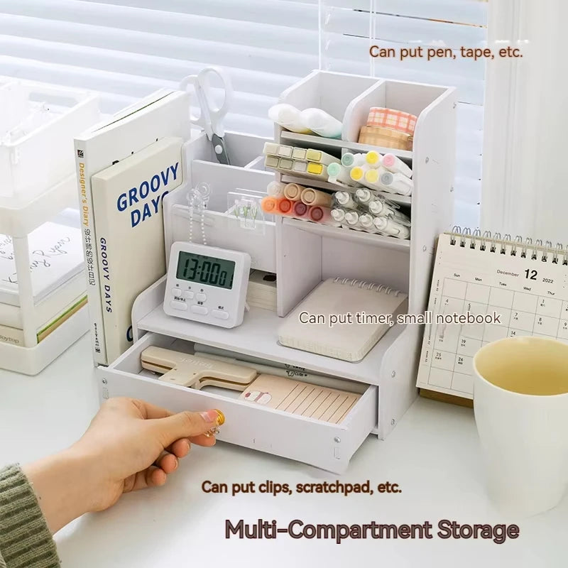 Wooden Desk Organizer with Pen & Book Storage