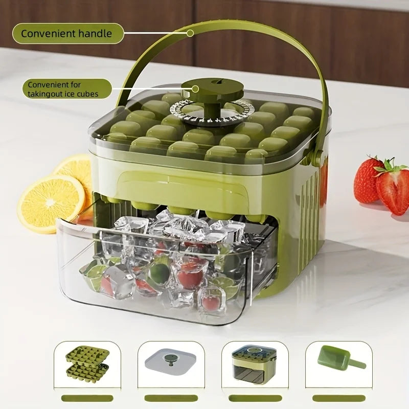 Double Layer Ice Cube Tray Box with Lid and Bin Pull Out Ice Storage Drawer