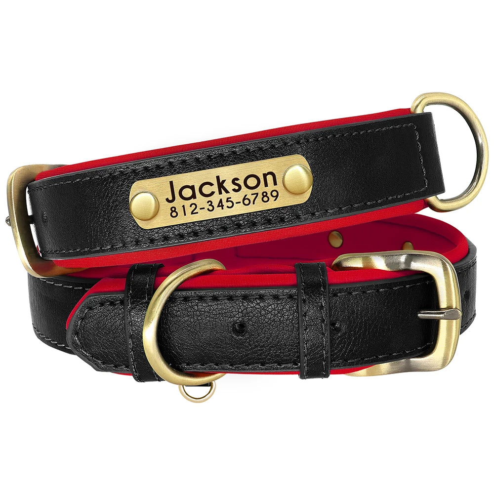 Customized PU Leather Dog Collar – Soft Padded Adjustable Name Engraved Collar