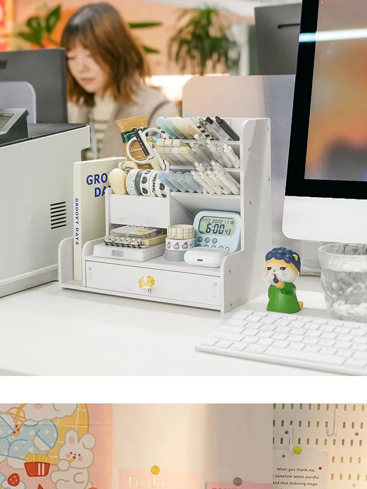 Wooden Desk Organizer with Pen & Book Storage