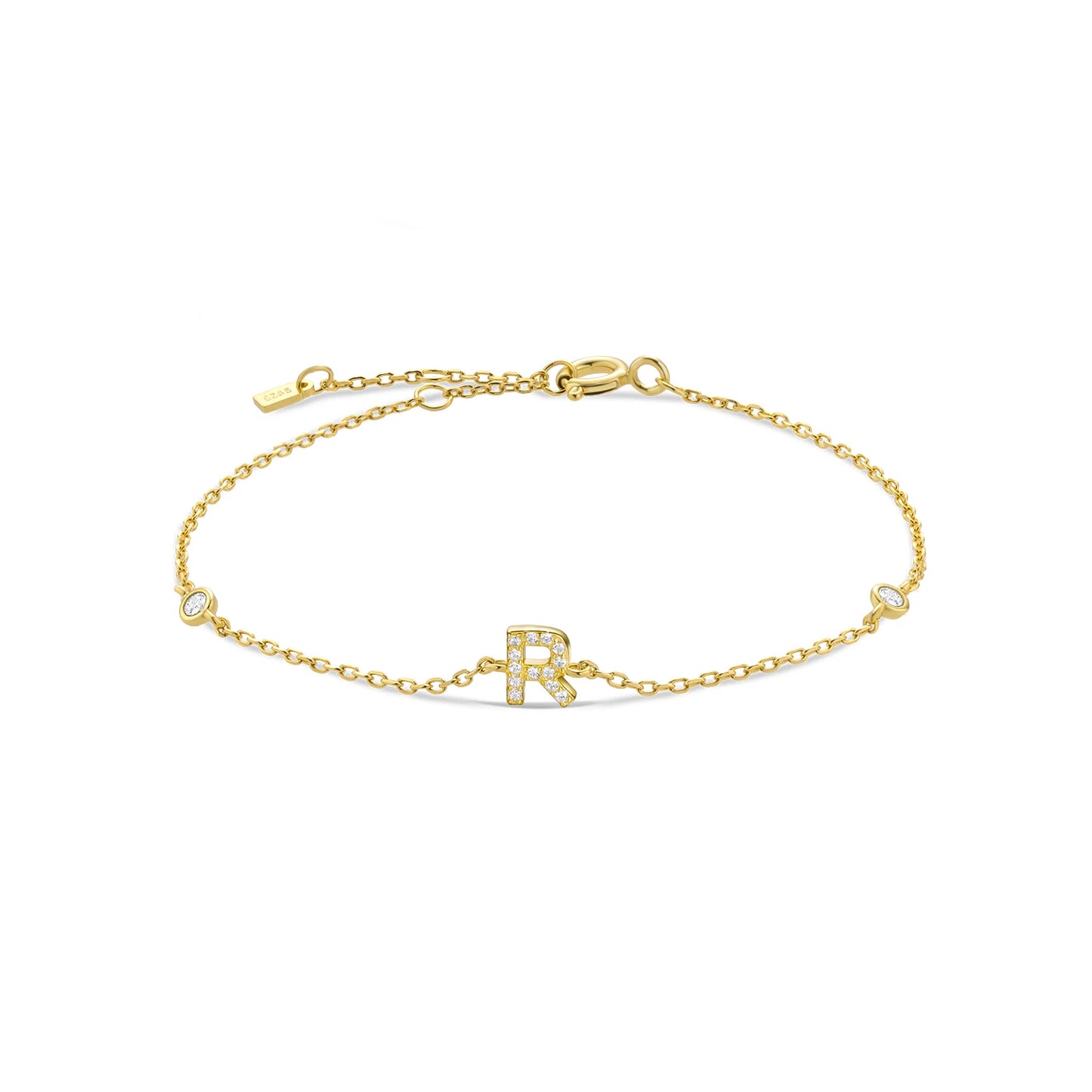 925 Sterling Silver Initial Letter Bracelet Gold CZ Zircon Alphabet Monogram