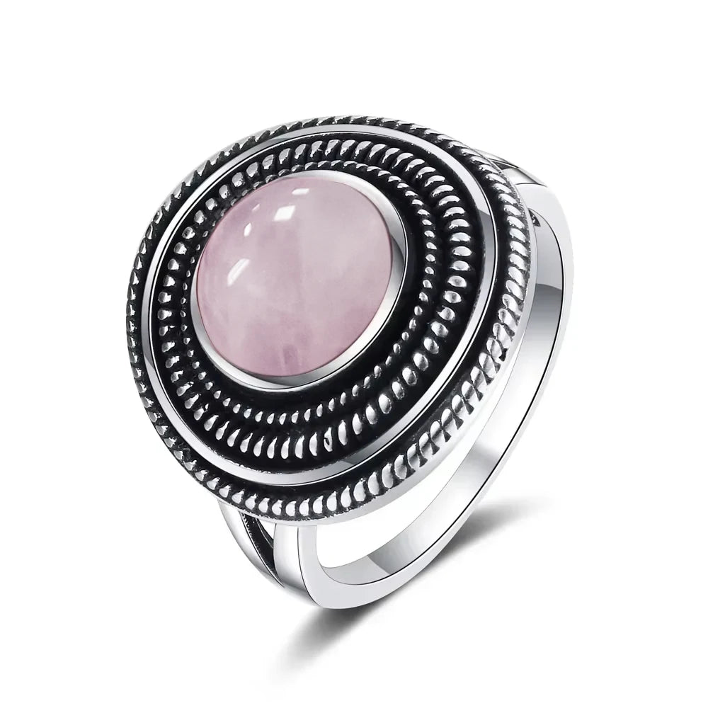 Vintage S925 Sterling Silver Ring Oval Round Natural Rose Quartz Ring Pink Stone Sun Shaped Retro Silver Fine Jewelry For Women
