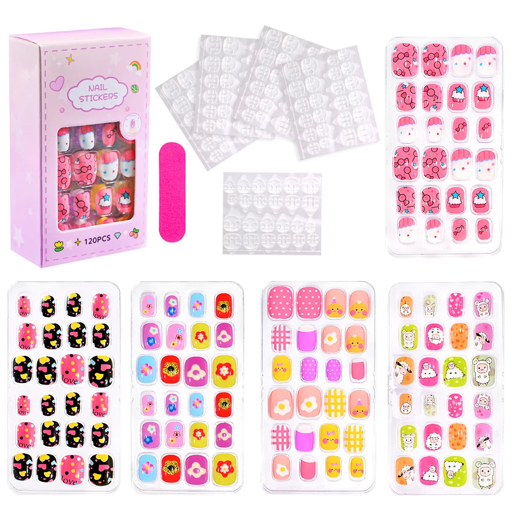 120Pcs Children's Press on Nails Kids Cartoon Acrylic Fake Nails Tips Kawaii Girl Full Cover Short False Nails With Jelly Glue#@