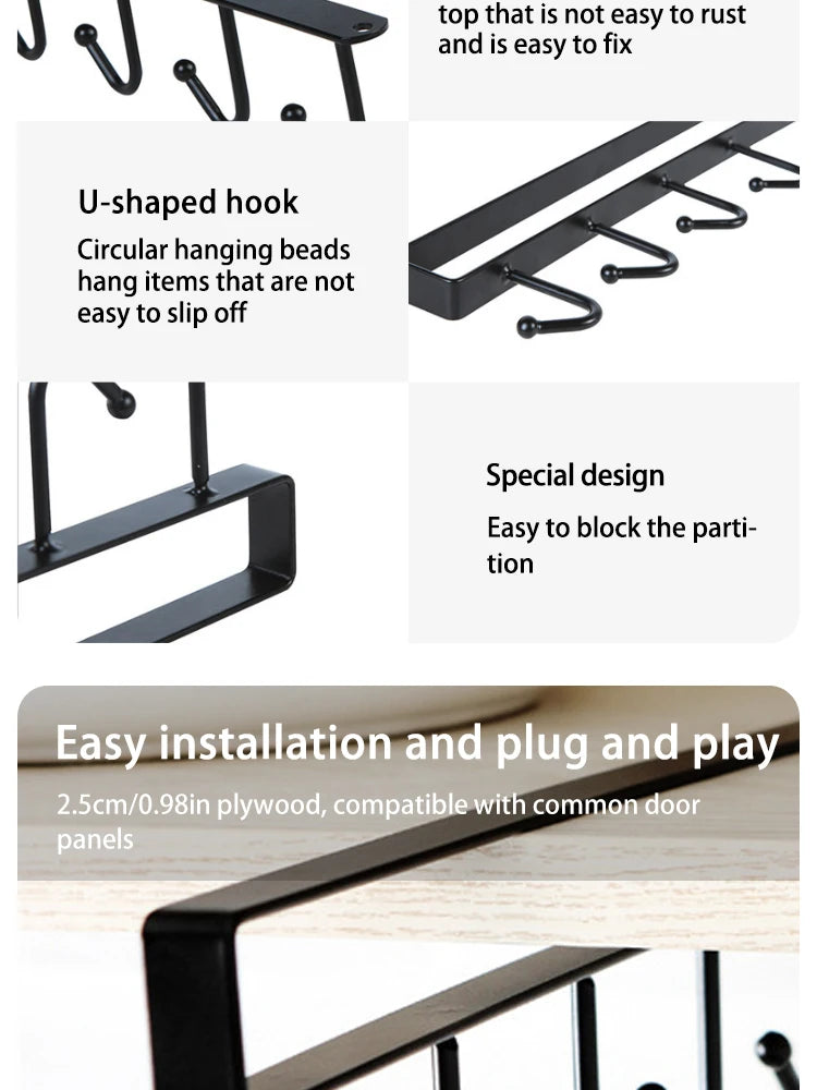Under Cabinet Kitchen Storage Rack 6 Hooks Mug Cup Holder Hanging Organizer