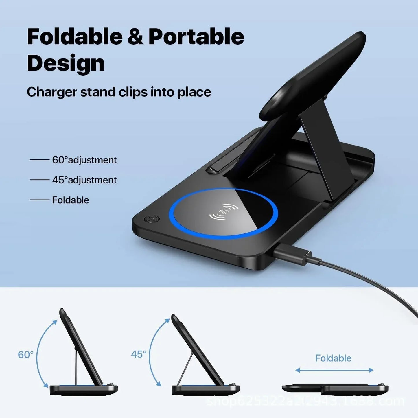 30W 3-in-1 Fast Wireless Charger Stand – Foldable Charging Dock for iPhone, Apple Watch & AirPods (iPhone 15–11 Compatible)