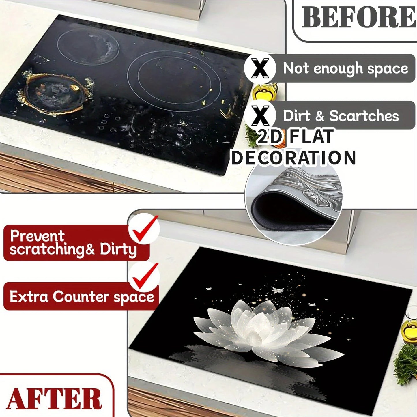 Lotus Butterfly Stove Top Cover Heat Resistant Non Slip Protector Mat for Induction Cooktop Kitchen Decor 2D Flat Cover