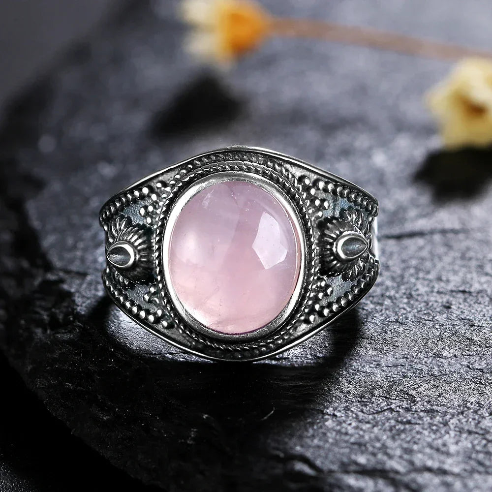 Vintage S925 Sterling Silver Ring Oval Round Natural Rose Quartz Ring Pink Stone Sun Shaped Retro Silver Fine Jewelry For Women
