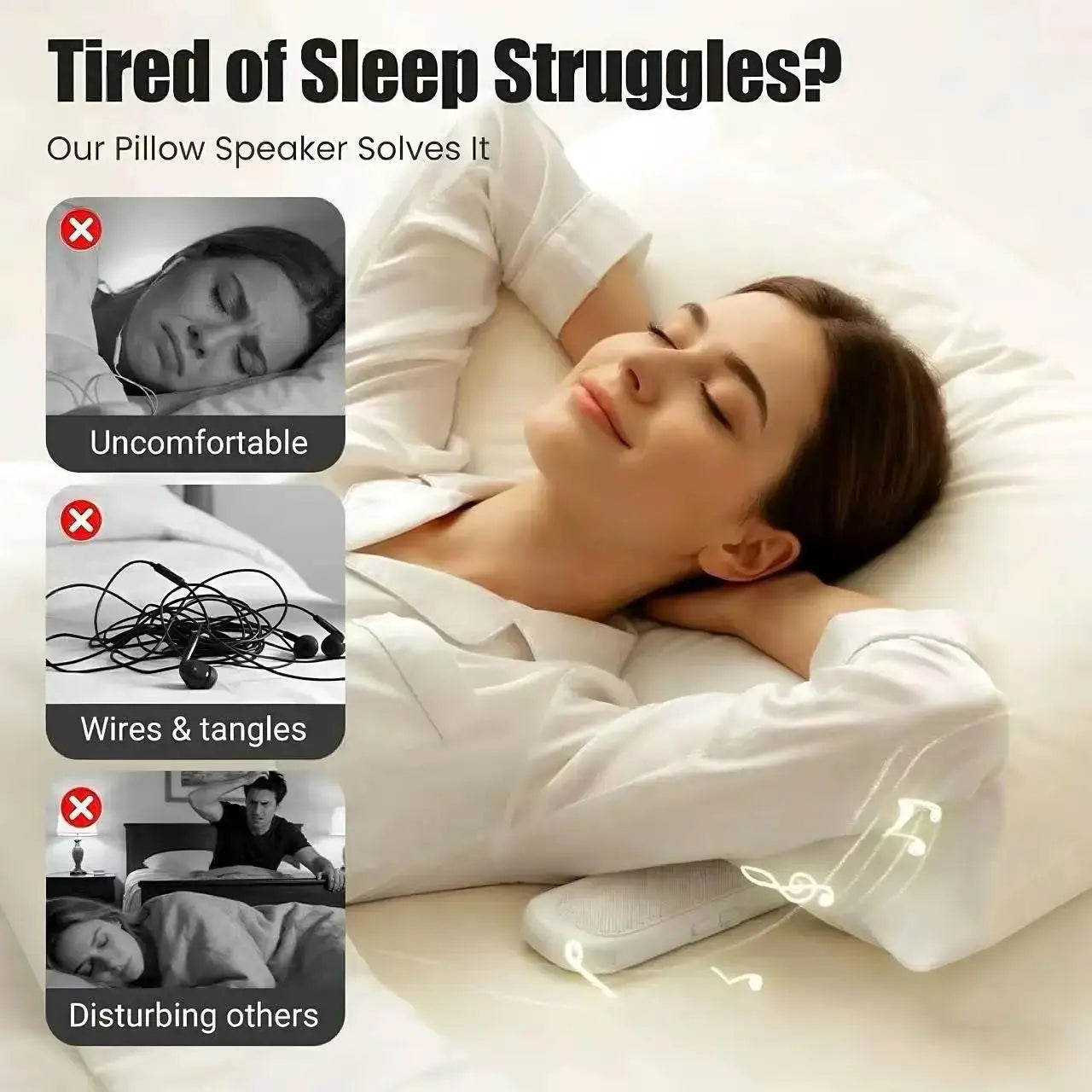 Bone Conduction Pillow Speaker Bluetooth Under Pillow Sleep Aid White Noise Machine Sound Box for Side Sleeper Gift