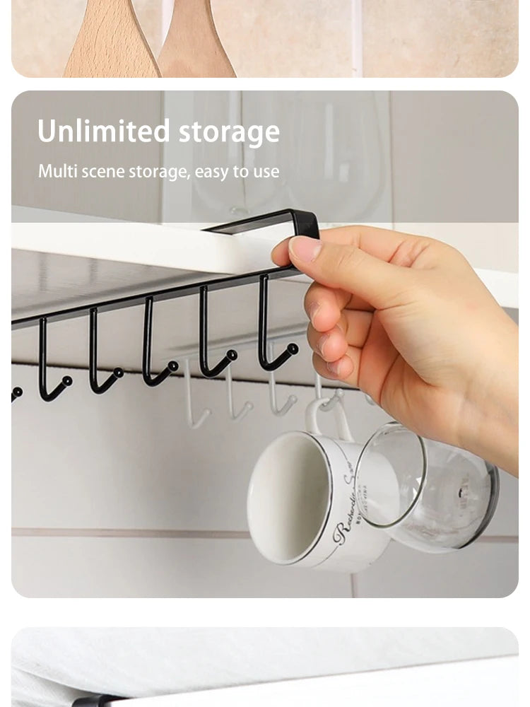 Under Cabinet Kitchen Storage Rack 6 Hooks Mug Cup Holder Hanging Organizer