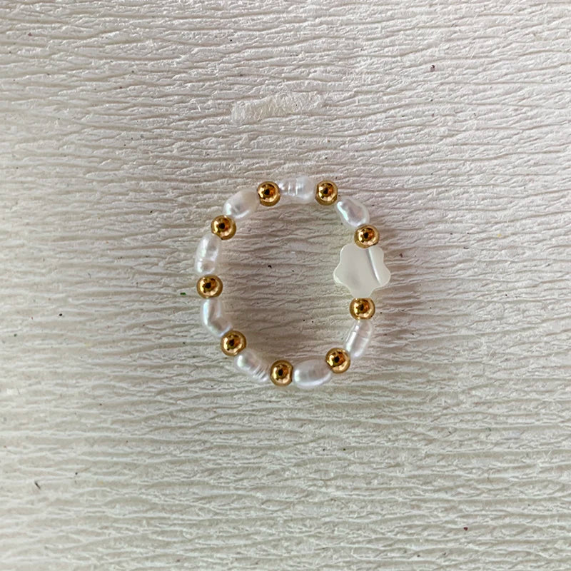 Elegant Handmade Freshwater Pearl Rings Women With Stainless Steel Bead Elastic Thread Wedding Statement Ring Gift