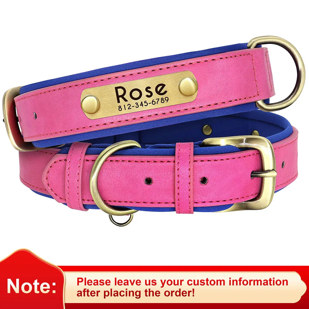 Customized PU Leather Dog Collar – Soft Padded Adjustable Name Engraved Collar
