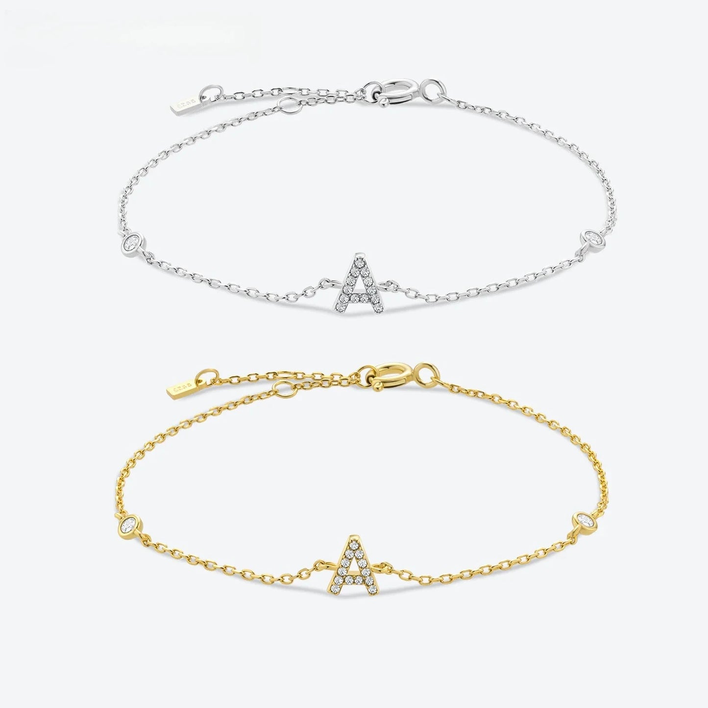 925 Sterling Silver Initial Letter Bracelet Gold CZ Zircon Alphabet Monogram
