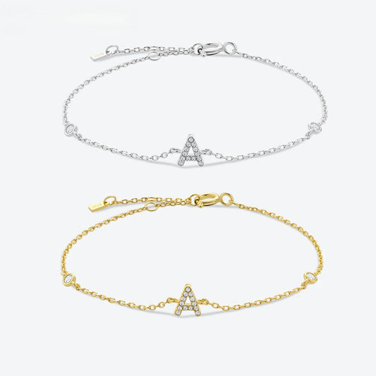 925 Sterling Silver Initial Letter Bracelet Gold CZ Zircon Alphabet Monogram