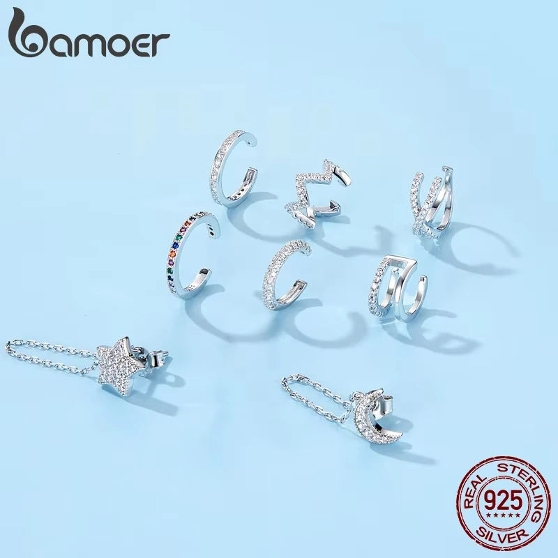 BAMOER 925 Sterling Silver Mono Clip Earrings for Girl CZ Platinum Plated Ear Cuffs Non Piercing for Women Wedding Party Jewelry