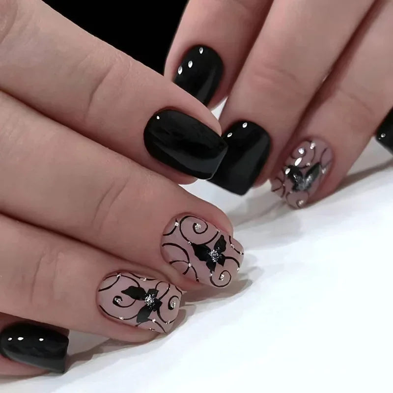 24Pcs Press on Fake Nails Short Square Black Starlit Sky Full Cover Tips
