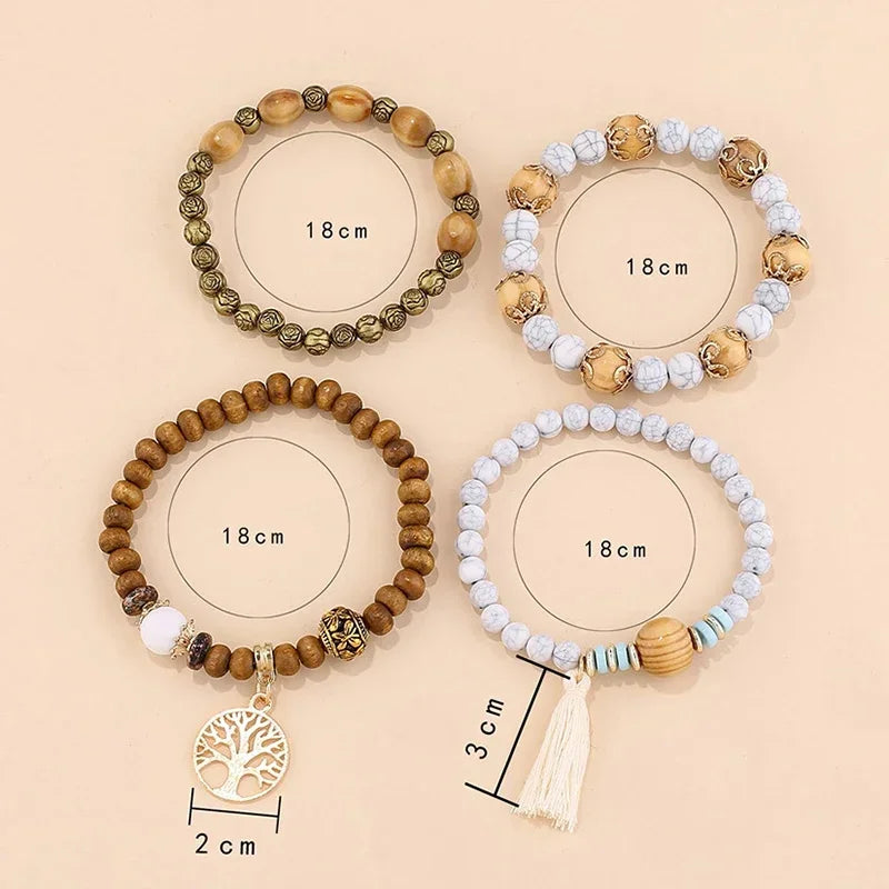 4Pcs/Set Boho Wooden Beaded Bracelet Set For Women Tree Of Life White Tassels Charm Elastic Chain Bangle Men Bohemia Jewelry