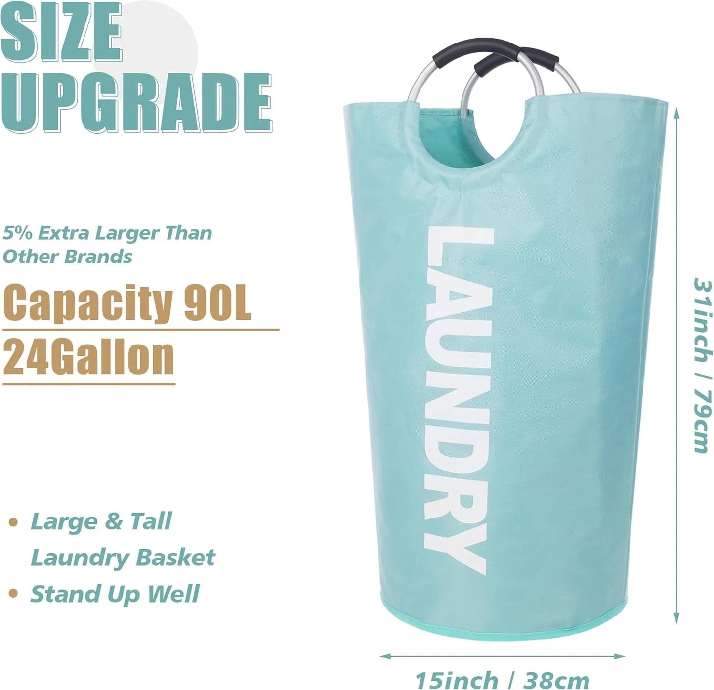 Large Laundry Basket, Laundry Hamper Stands Up Well, Laundry Bag with Padded Handles, Waterproof Clothes Bin Collapsible