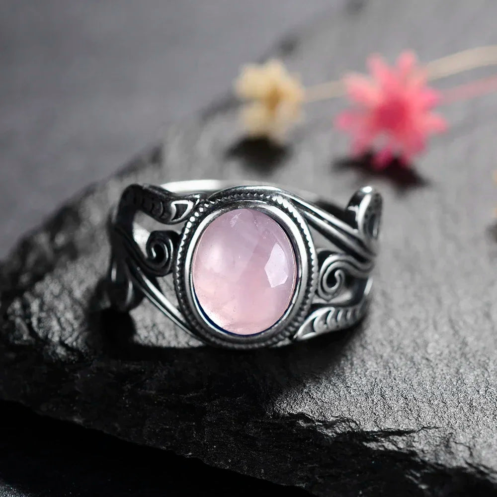 Vintage S925 Sterling Silver Ring Oval Round Natural Rose Quartz Ring Pink Stone Sun Shaped Retro Silver Fine Jewelry For Women