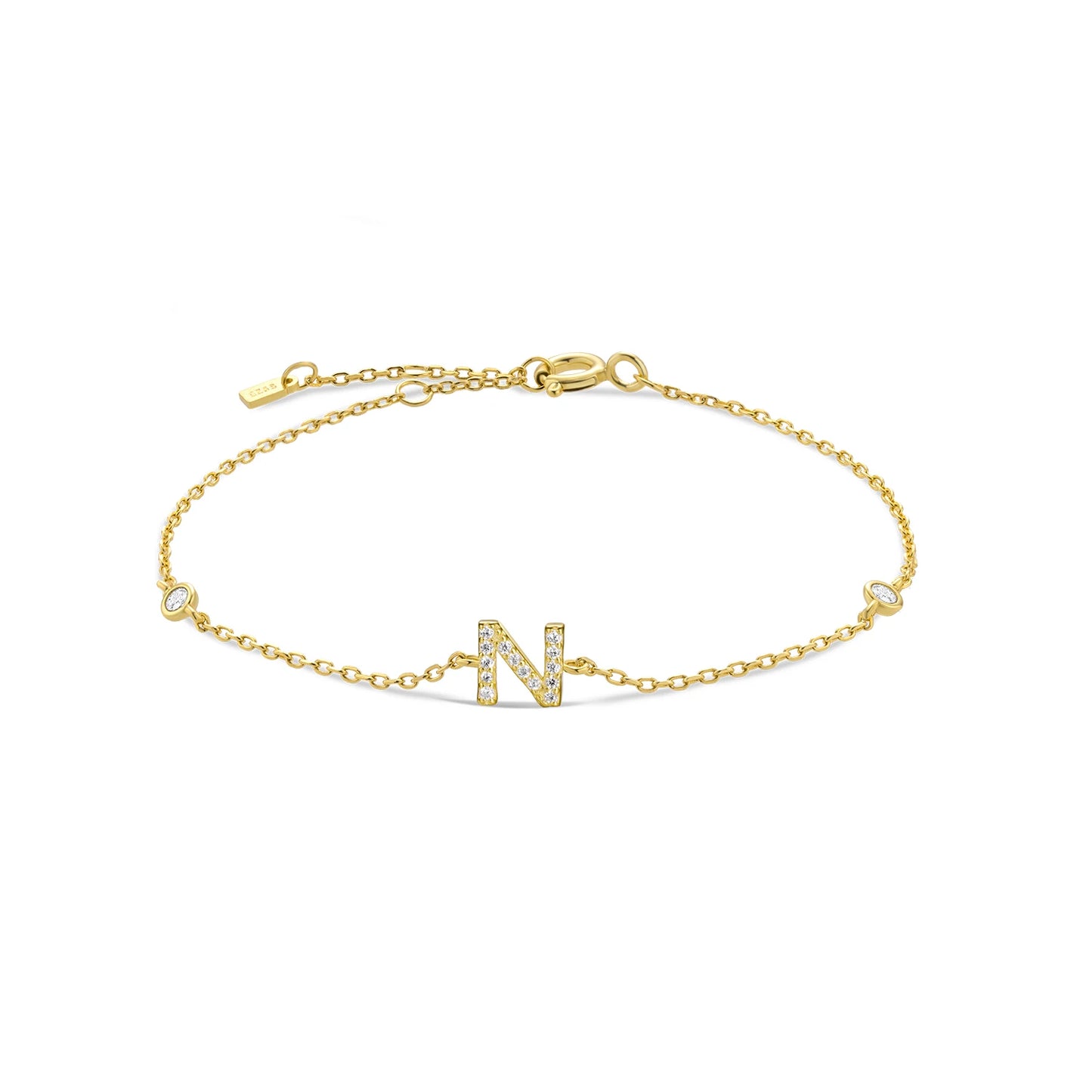 925 Sterling Silver Initial Letter Bracelet Gold CZ Zircon Alphabet Monogram
