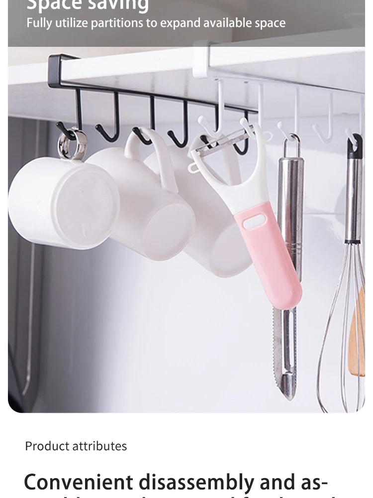 Under Cabinet Kitchen Storage Rack 6 Hooks Mug Cup Holder Hanging Organizer