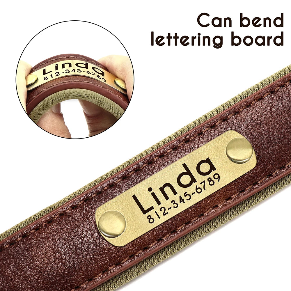 Customized PU Leather Dog Collar – Soft Padded Adjustable Name Engraved Collar