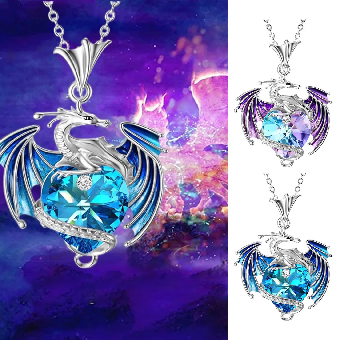 Silver Dragon Heart Rhinestone Pendant Necklace Exquisite Multi-Color Party Jewelry
