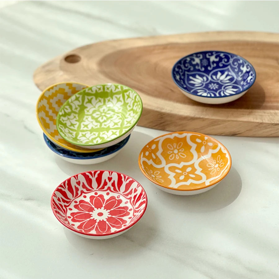 6/10 Pieces of Ceramic Condiment Dishes, Bohemian Plates, Sauce Dishes, Household Soy Sauce Vinegar Spice Dishes, Suitable for Home Kitchens, Restaurants, Sushi Bars, Parties, Hot Pot, Picnics, Camping, Barbecues, Cold