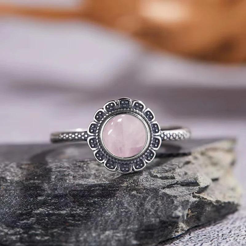 Vintage S925 Sterling Silver Ring Oval Round Natural Rose Quartz Ring Pink Stone Sun Shaped Retro Silver Fine Jewelry For Women