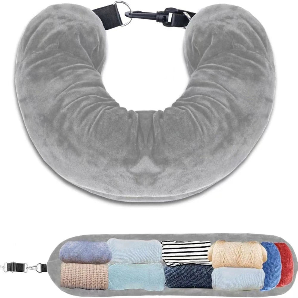 Stuffable Travel Neck Pillow – Clothes Storage Pillow for Flights