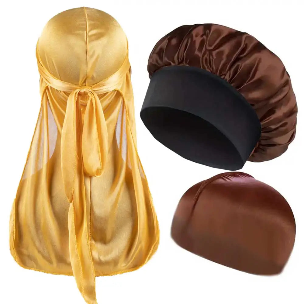 3pcs Satin Bonnet Durag and Dome Cap Set Elastic Night Sleep Hair Wrap
