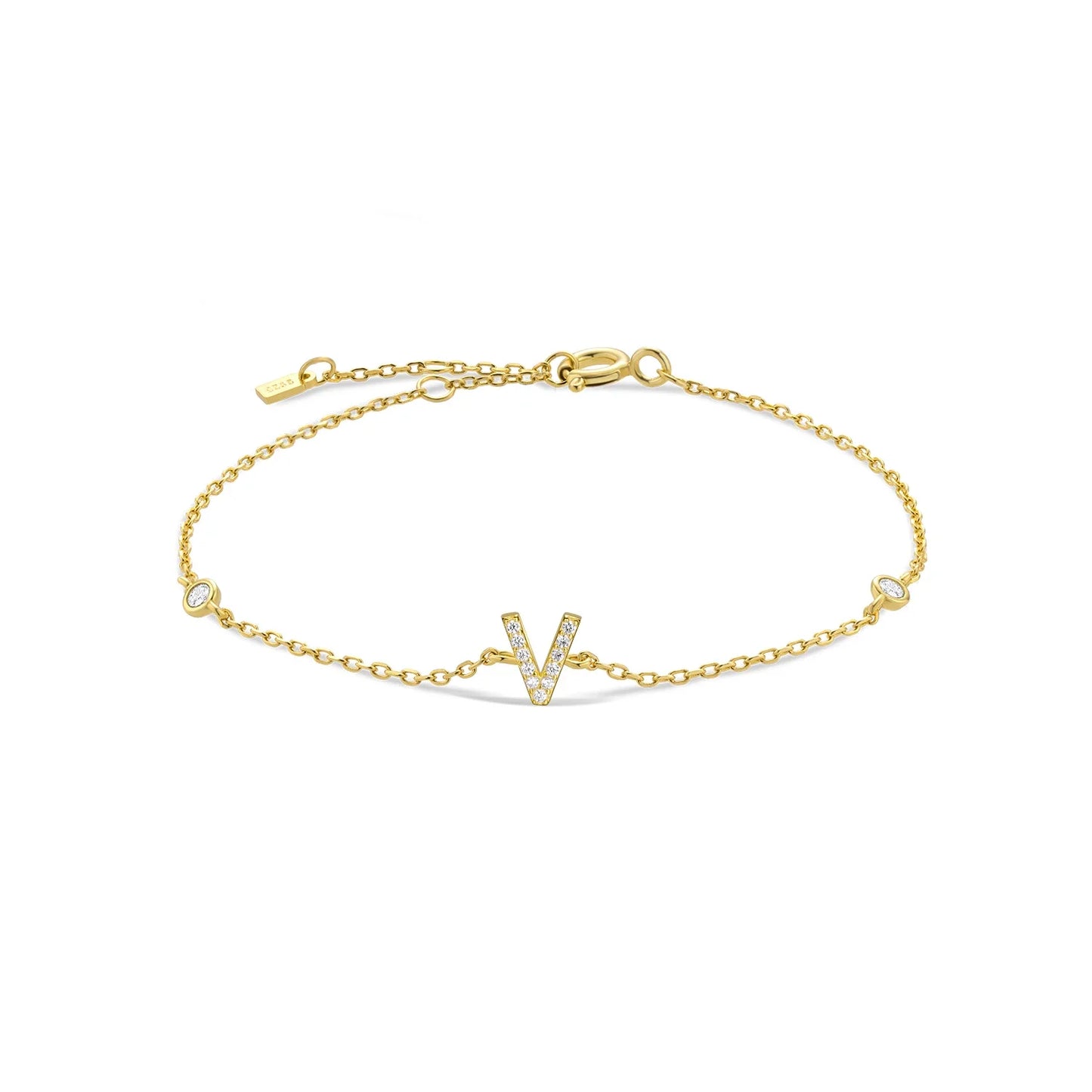 925 Sterling Silver Initial Letter Bracelet Gold CZ Zircon Alphabet Monogram