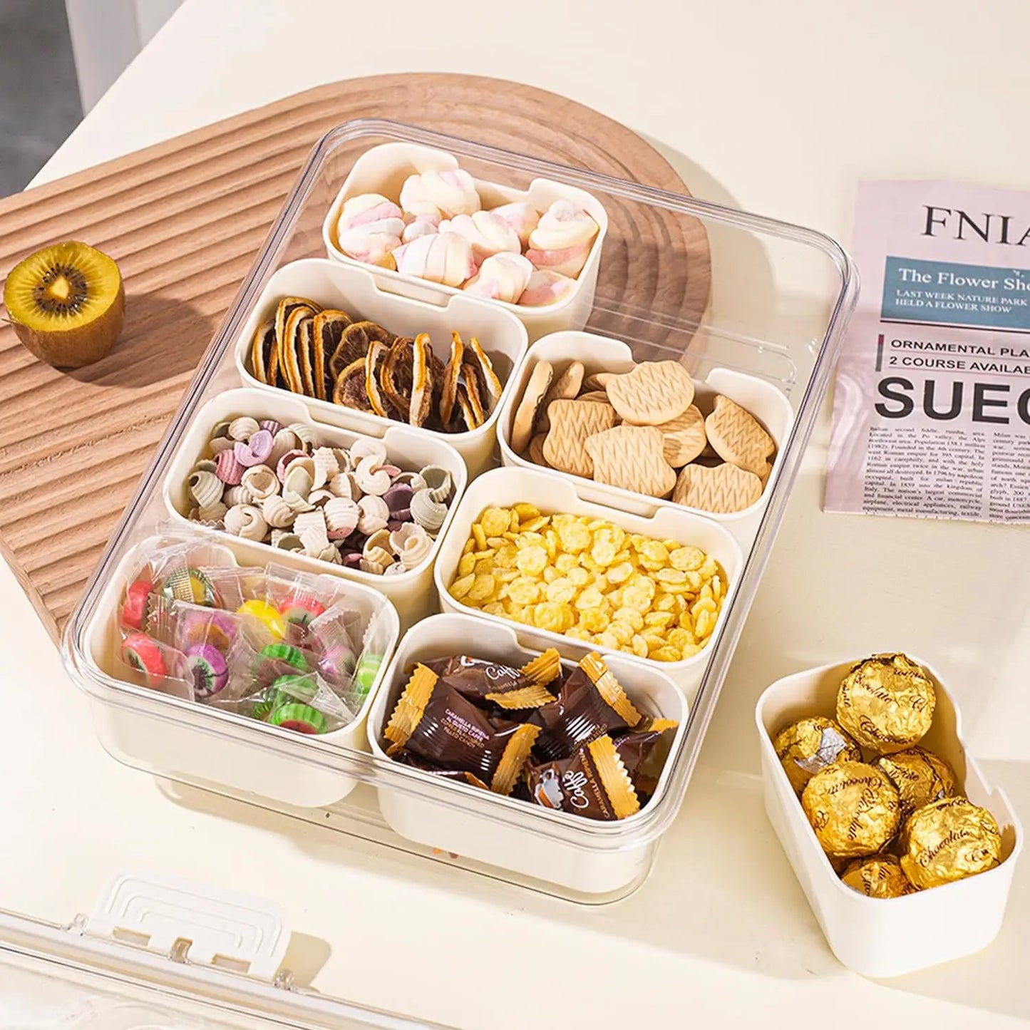 4Grid /8 Grid Snack Box Container, Portable Travel Charcuterie Board with Lid, Refrigerator Food Storage Box, Snack Organizer